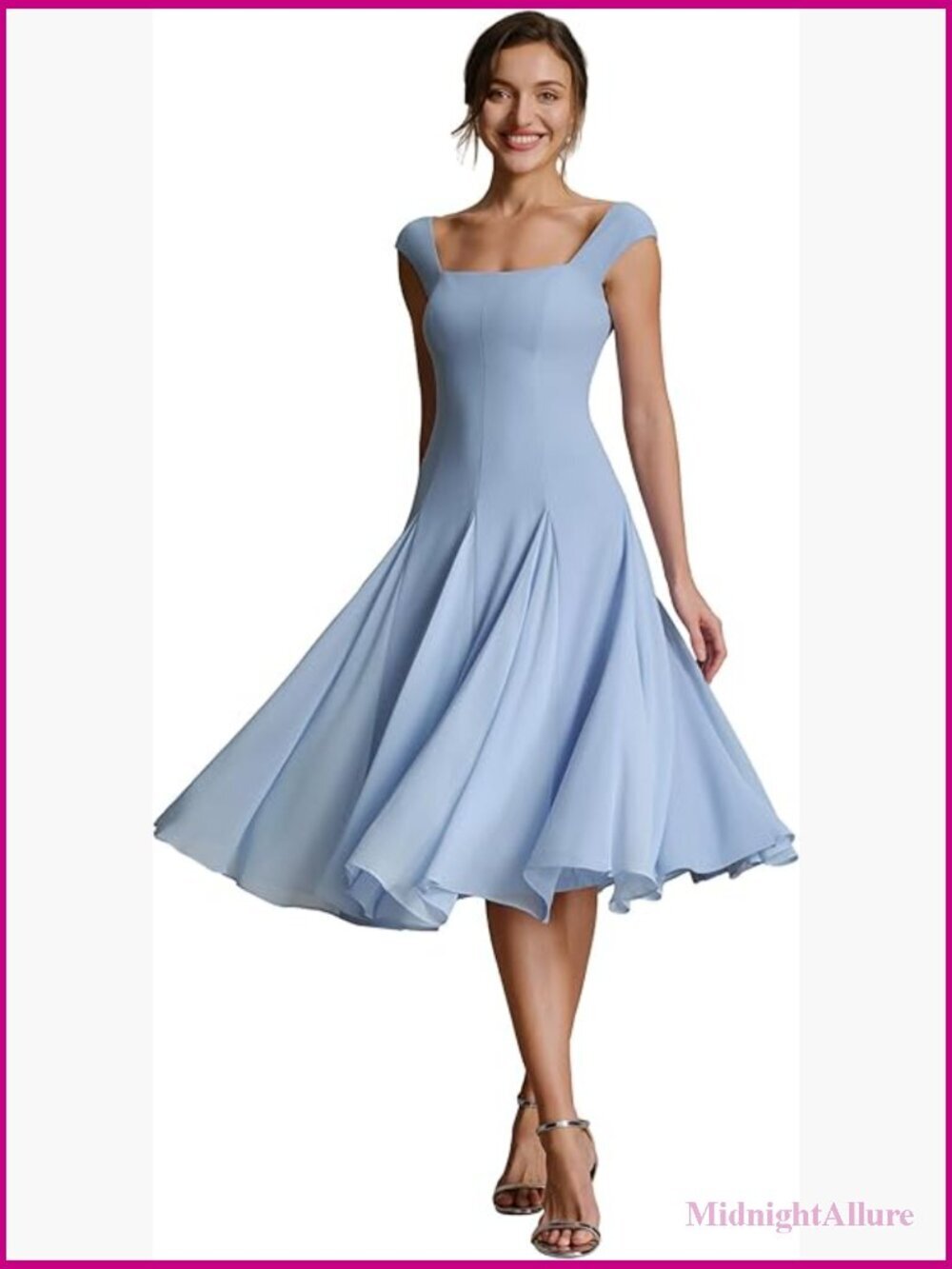 Midi Cocktail Dress Square Neck Cap Sleeve Crepe Semi Formal Wedding Guest